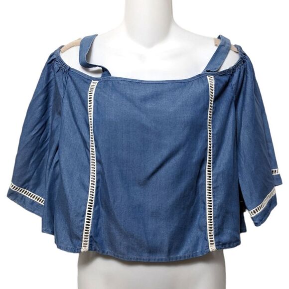 NWT LOVERS + FRIENDS Chambray Tencel Cold Shoulder Top M - Picture 2 of 8